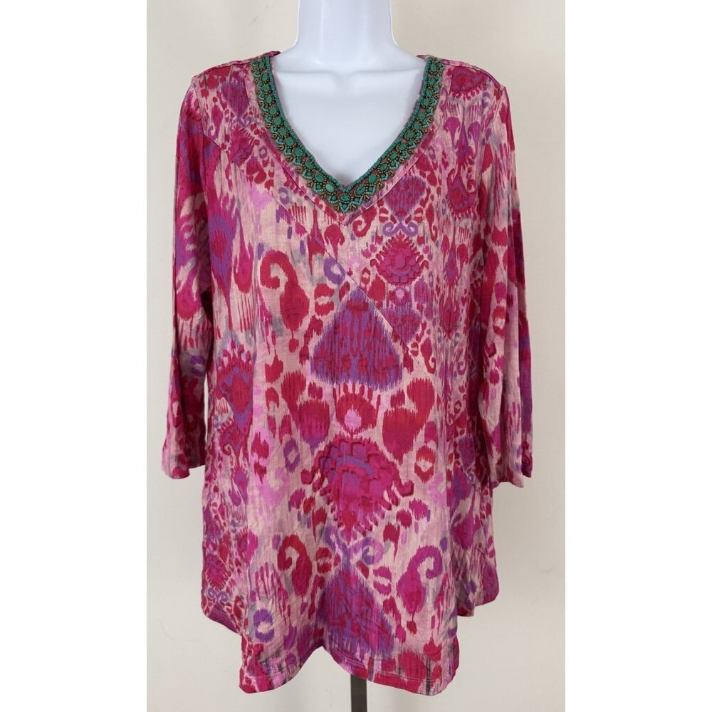 SOFT SURROUNDINGS Beaded V-Neck 3/4 Sleeve Pink Multi Tunic Top Sz L